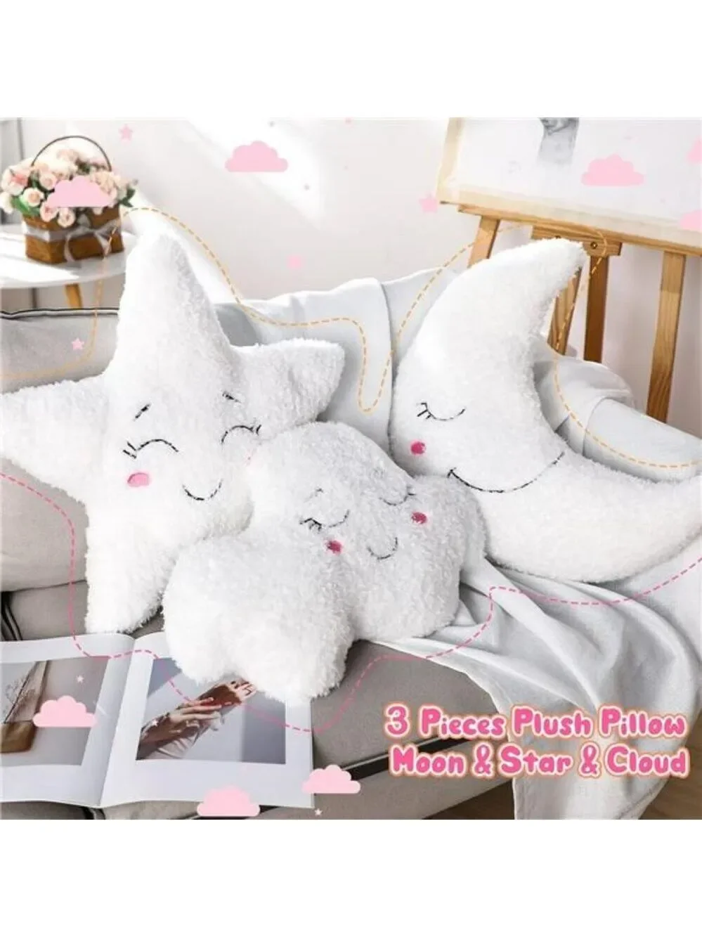 Moon Star Cloud Plush Pillow Set Soft Stuffed Cushion Nursery Kids Room Decor Gi